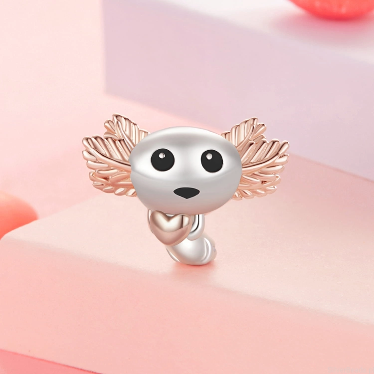 Srebrna modułowa bransoletka typu Pandora i charms pozłacany axolotl z serduszkiem