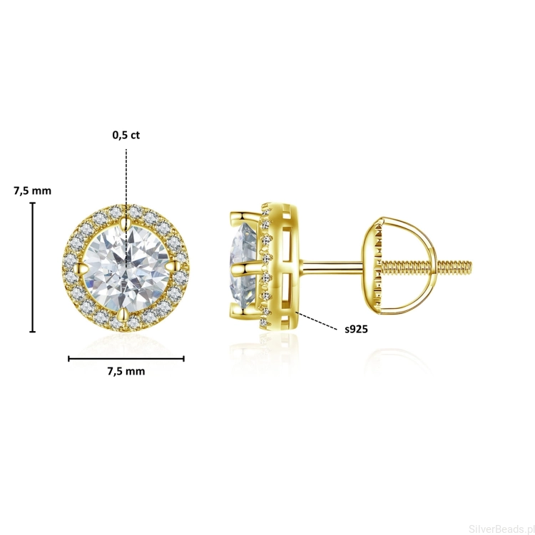Wielkość i wymiary srebrnych kolczyków z Moissanitem (pozłacane Moissanity 0,5 ct