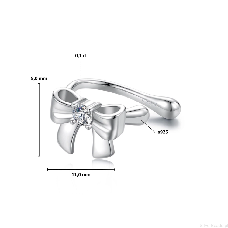 Wielkość i wymiary srebrnych kolczyków kokardka z Moissanitem 0,1 ct