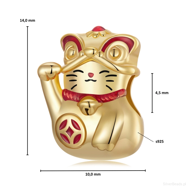 Wymiary koralika charms ze srebra próby 925 beads  pozłacany kotek na szczęście