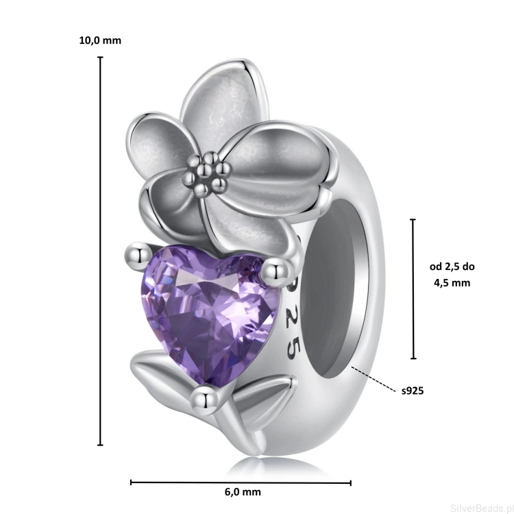Wymiary koralika charms ze srebra próby 925 beads fioletowe serce i kwiat fiołka