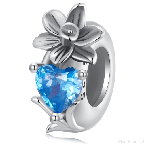 Srebrny stoper charms niebieskie serce i kwiat narcyz stoper do bransoletki srebro 925
