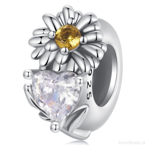 Srebrny stoper charms przezroczyste serce i kwiat stokrotki stoper do bransoletki srebro 925