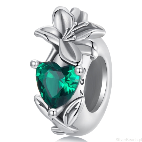 Srebrny stoper charms zielone serce i kwiat lilii stoper do bransoletki srebro 925
