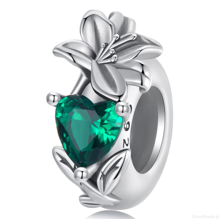 Srebrny stoper charms zielone serce i kwiat lilii stoper do bransoletki srebro 925