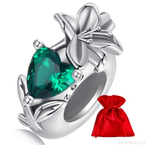 Elegancki satynowy woreczek gratis do każdego zamówienia koralików charms Srebrny stoper charms zielone serce i kwiat lilii stoper do bransoletki srebro 925