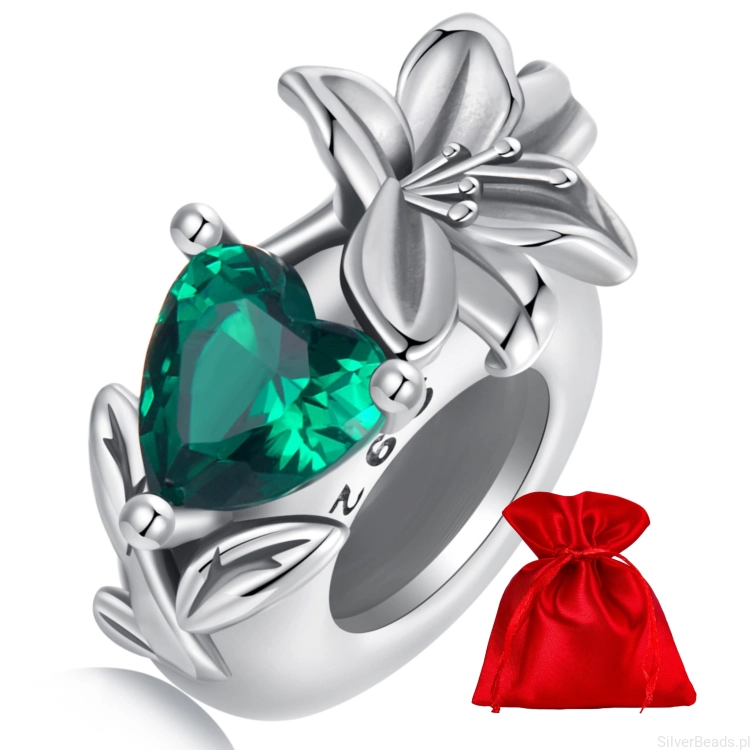 Elegancki satynowy woreczek gratis do każdego zamówienia koralików charms Srebrny stoper charms zielone serce i kwiat lilii stoper do bransoletki srebro 925