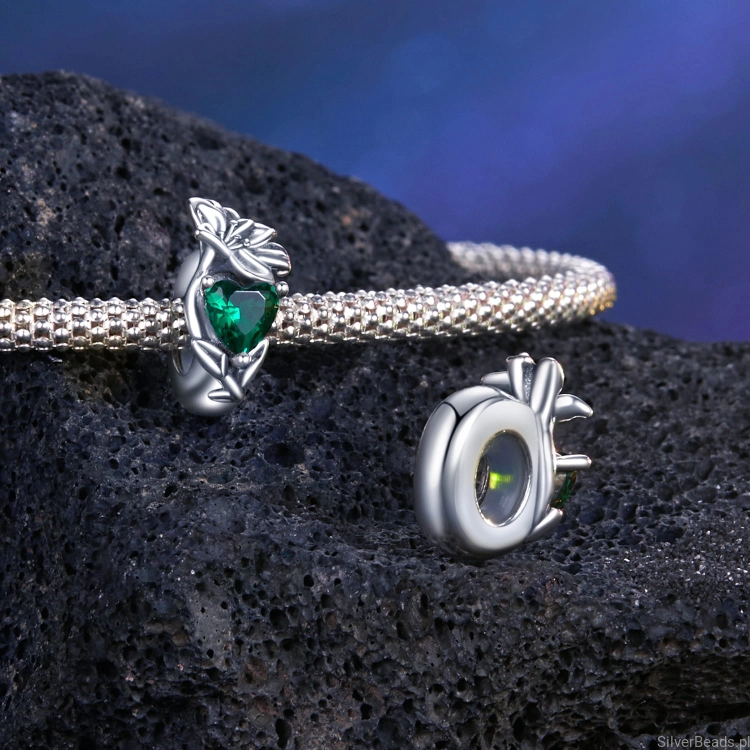 srebrny charms do bransoletki modułowej Srebrny stoper charms zielone serce i kwiat lilii stoper do bransoletki srebro 925