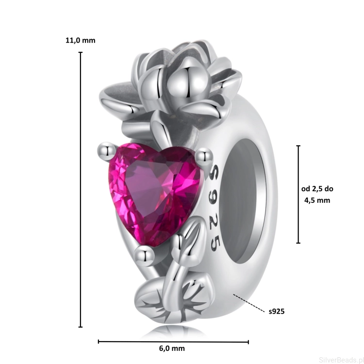 Wymiary koralika charms ze srebra próby 925 beads fuksjowe serce i kwiat lotosu