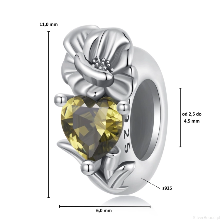 Wymiary koralika charms ze srebra próby 925 beads żółte serce i kwiat maku