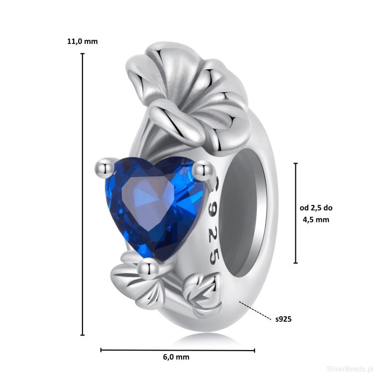 Wymiary koralika charms ze srebra próby 925 beads granatowe serce i kwiat liliowca