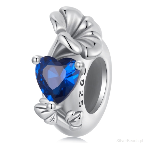 Srebrny stoper charms granatowe serce i kwiat liliowca stoper do bransoletki srebro 925