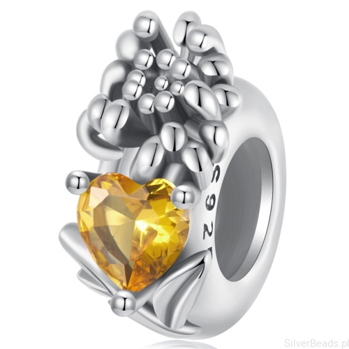 Srebrny stoper charms pomarańczowe serce i kwiat chryzantemy stoper do bransoletki srebro 925