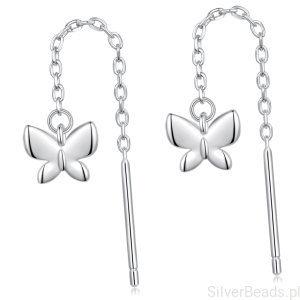 Srebrne kolczyki wiszące przewlekane z motylkami srebro 925