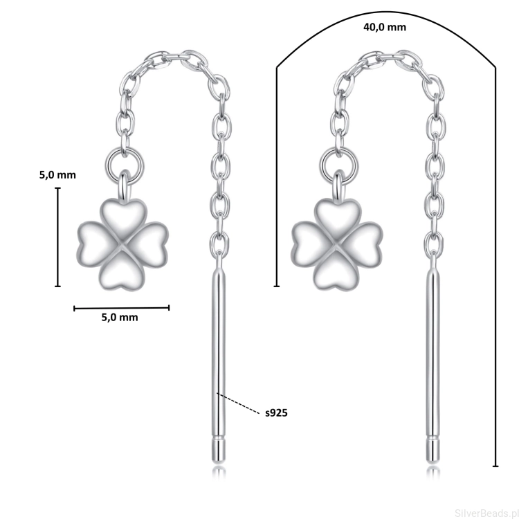Wymiary wielkość srebrnych kolczyków. Srebrne kolczyki  przewlekane z koniczynkami