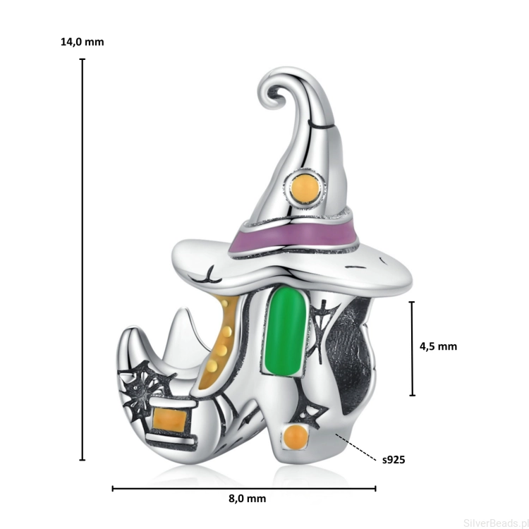 Wymiary koralika charms ze srebra próby 925 beads magiczny bucik czarownicy