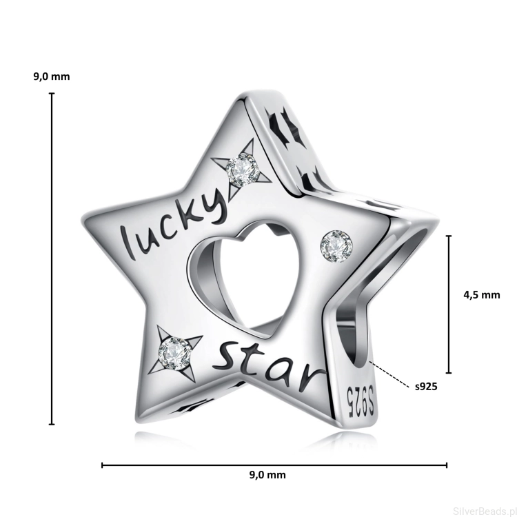 Wymiary koralika charms ze srebra próby 925 beads  szczęśliwa gwiazdka