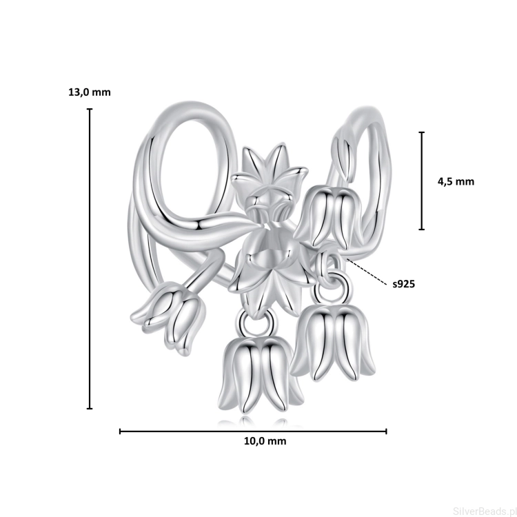 Wymiary koralika charms ze srebra próby 925 beads  z wiszącymi liliami