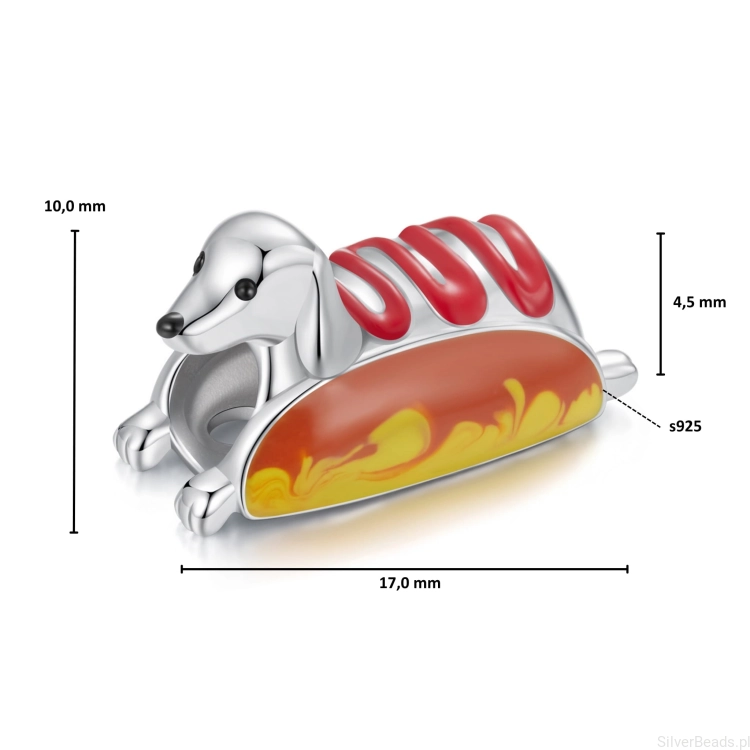 Wymiary koralika charms ze srebra próby 925 beads  jamnik hot dog