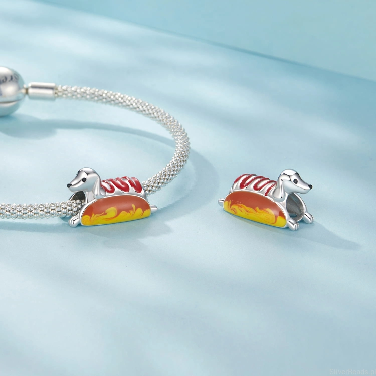 srebrny charms do bransoletki modułowej jamnik hot dog