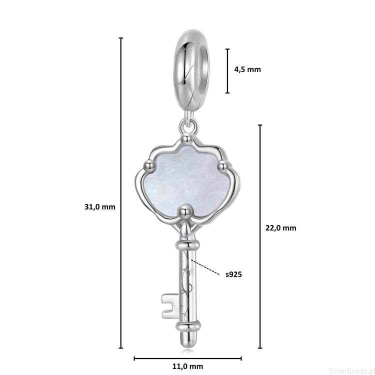 Wymiary zawieszki charms Srebrna zawieszka kluczyk z masą perłową srebro 925 beads koraliki