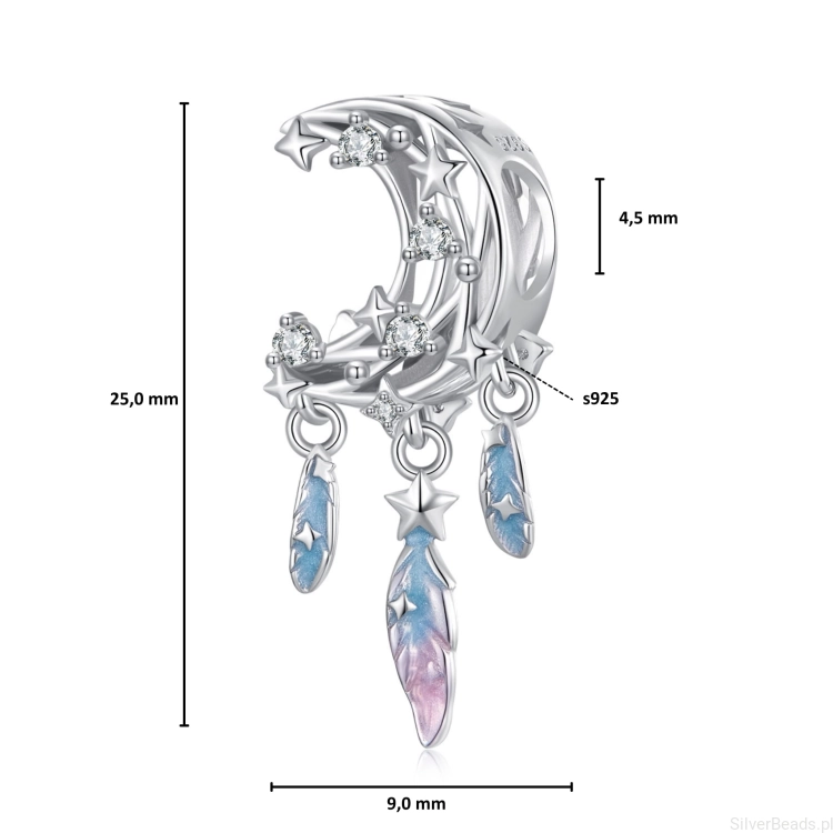 Wymiary koralika charms ze srebra próby 925 beads  księżycowy łapacz snów