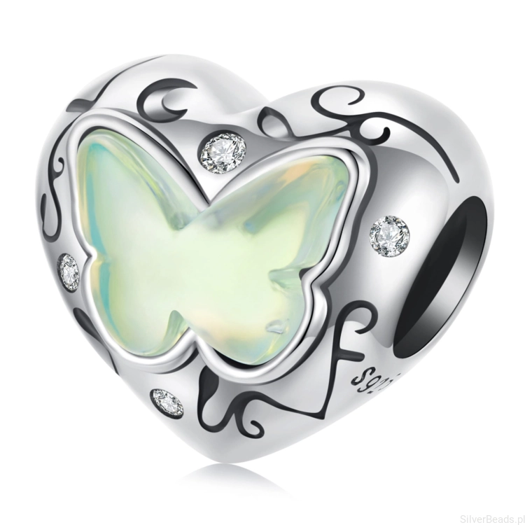 Srebrny charms serce z opalizującym motylkiem koralik beads srebro 925