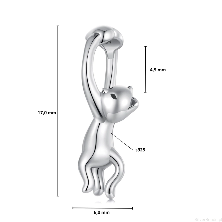 Wymiary koralika charms ze srebra próby 925 beads  kotek z serduszkiem