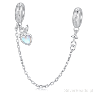 Łańcuszek zabezpieczający serce z króliczymi uszami podwójny stoper charms srebro 925