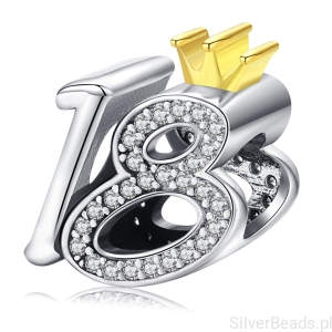 Srebrny charms 18 urodziny z koroną beads srebro 925