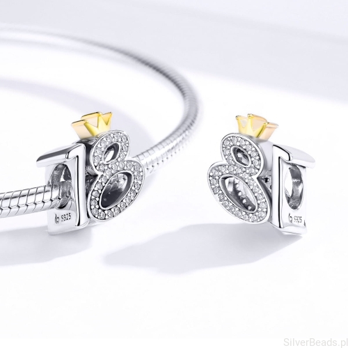 srebrny charms próba 925 18 urodziny z koroną