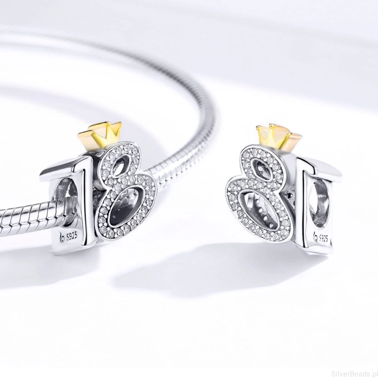 srebrny charms próba 925 18 urodziny z koroną