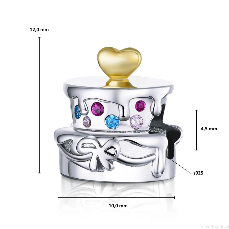 Wymiary koralika charms ze srebra próby 925 beads  tort urodzinowy