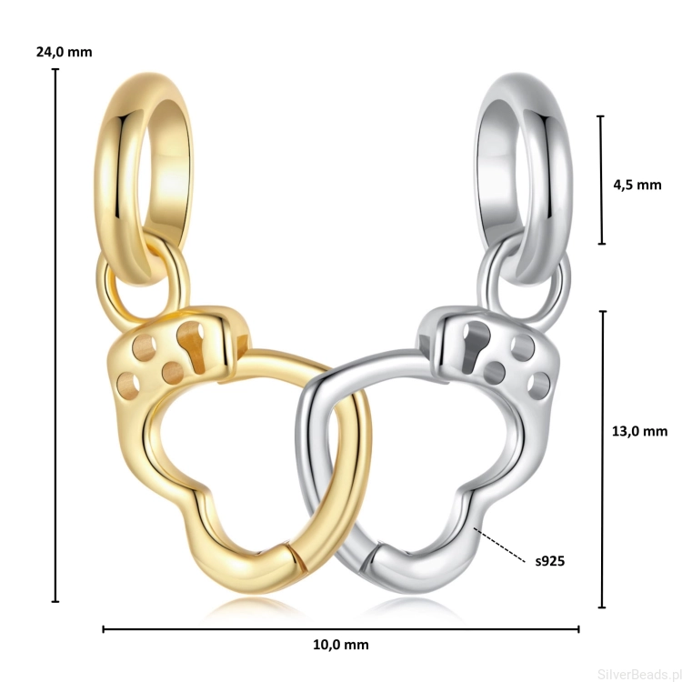 Wymiary zawieszki charms Srebrna zawieszka dwukolorowe kajdanki koralik srebro 925 beads