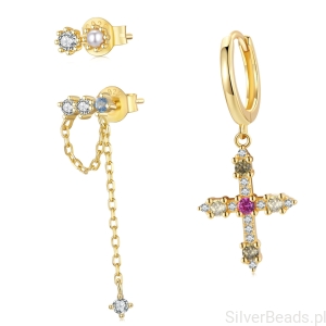 Zestaw trzech pozłacanych kolczyków kolorowe kryształy srebro 925 sztyfty koła