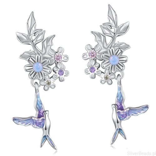 Srebrne kolczyki kolibry z kwiatkami sztyfty srebro 925