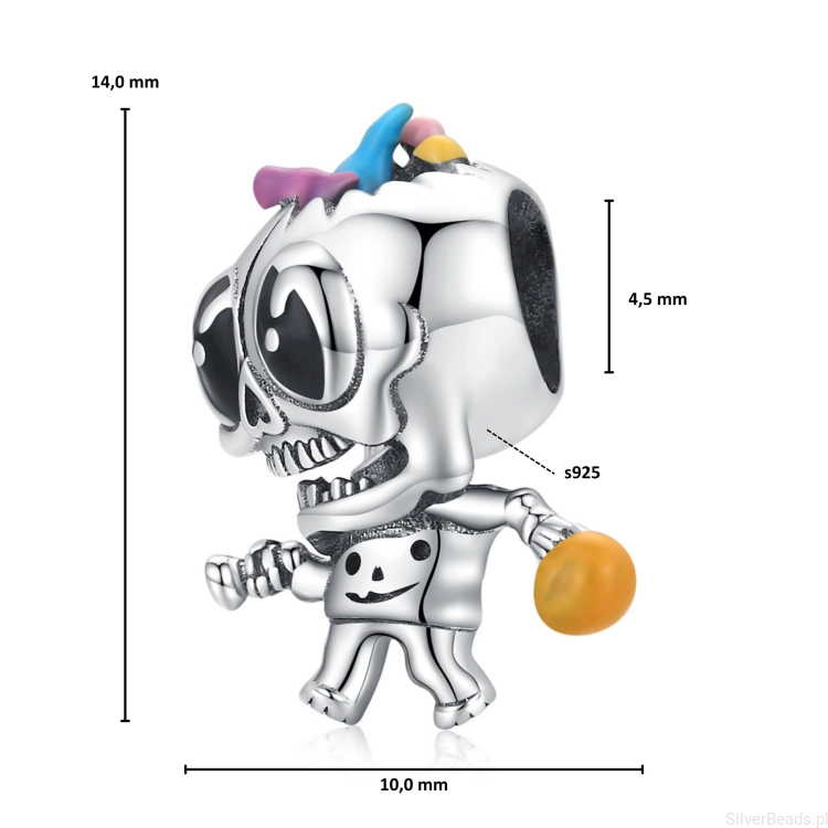 Wymiary koralika charms ze srebra próby 925 beads  halloweenowy kościotrup