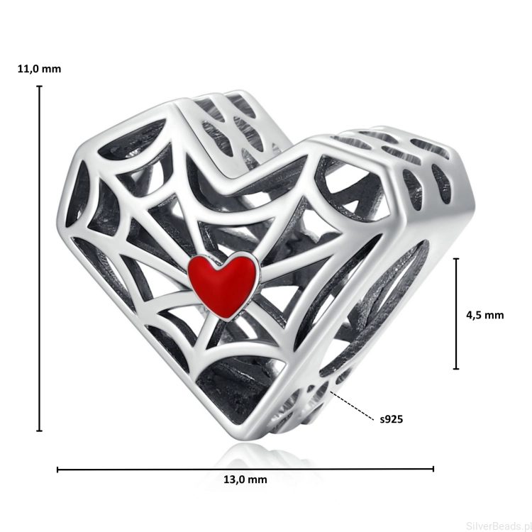 Wymiary koralika charms ze srebra próby 925 beads  pajęcze serce