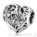 Srebrny charms serce z roślin i motylków beads srebro 925 koralik