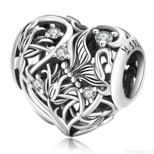 Srebrny charms serce z roślin i motylków beads srebro 925 koralik