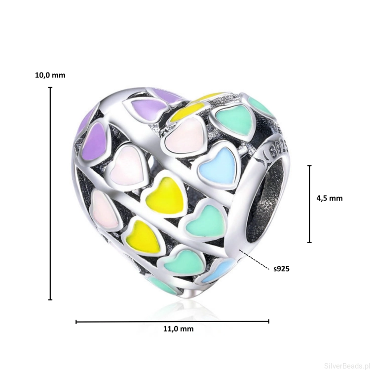 Wymiary koralika charms ze srebra próby 925 beads  tęczowe serduszko