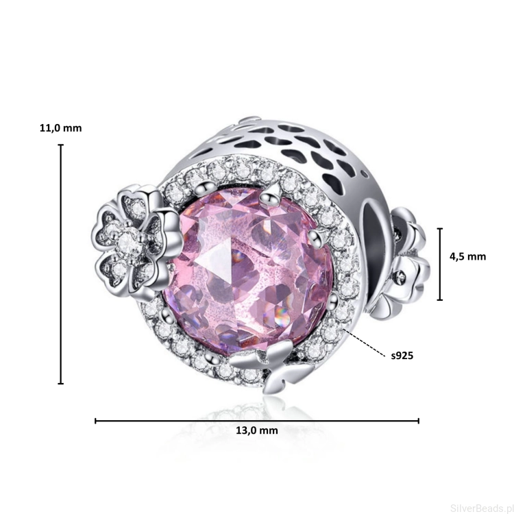 Wymiary koralika charms ze srebra próby 925 beads  różowy kryształ ozdobiony motylami i kwiatami