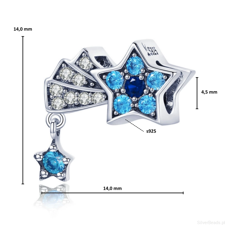 Wymiary koralika charms ze srebra próby 925 beads  spadająca kryształowa gwiazdka