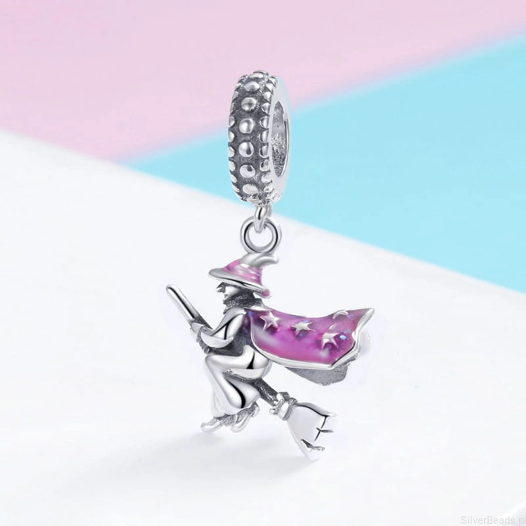 srebrny charms próba 925 czarownica na miotle