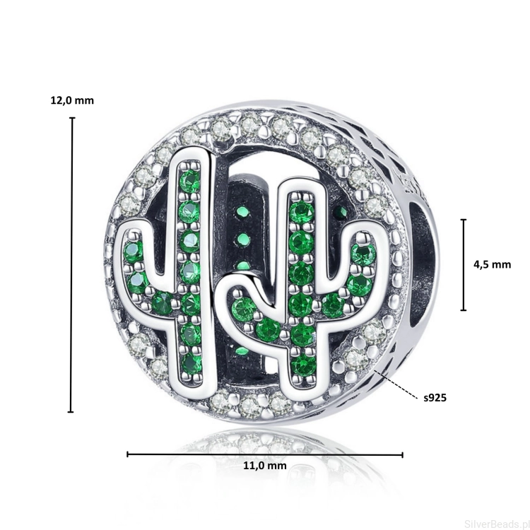 Wymiary koralika charms ze srebra próby 925 beads zielone kryształowe kaktusy