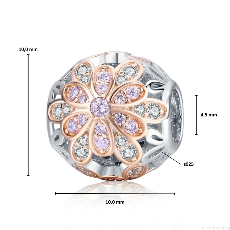 Wymiary koralika charms ze srebra próby 925 beads  pozłacany kryształowy kwiatek