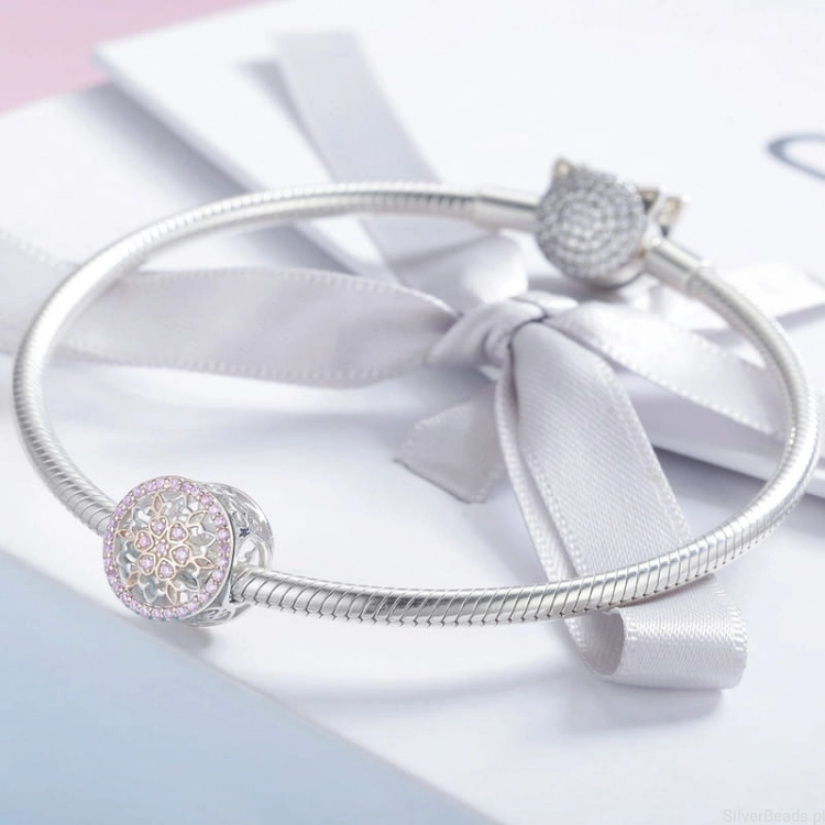 Charms srebro 925 różowy kryształowy kwiatek koralik do bransoletki modułowej charms