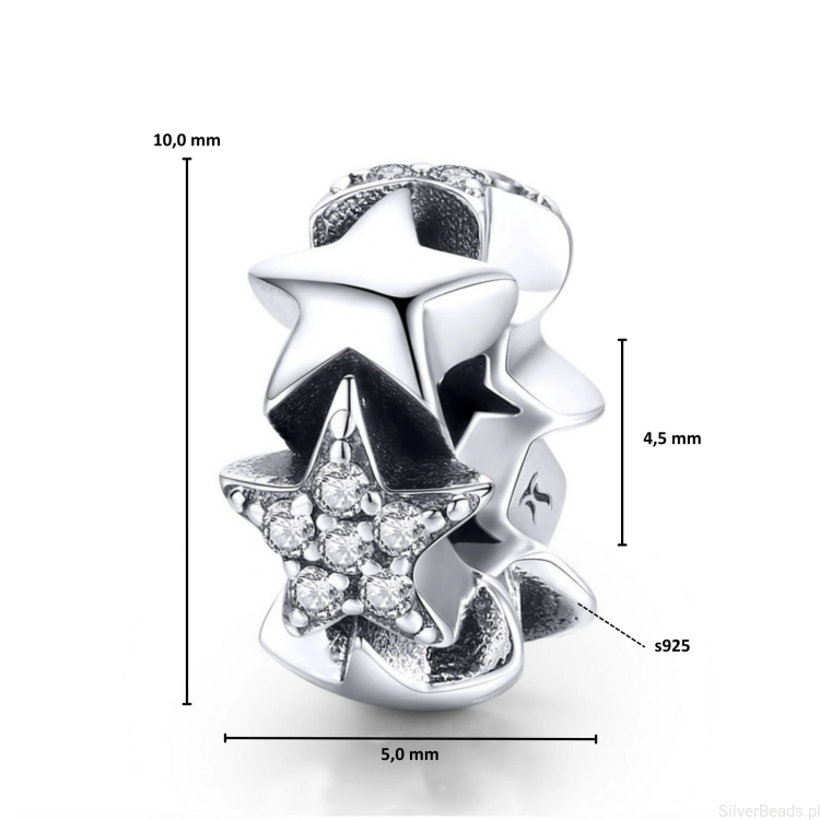 Wymiary koralika charms ze srebra próby 925 beads  gwiazdy ozdobione kryształkami