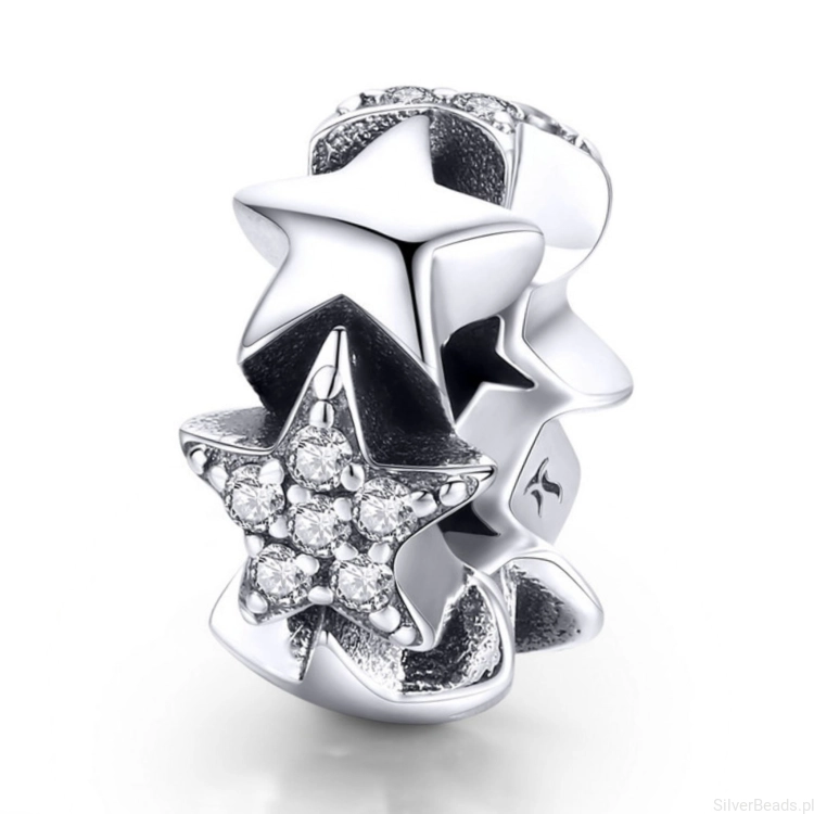 Srebrny charms gwiazdy ozdobione kryształkami beads srebro 925 koralik