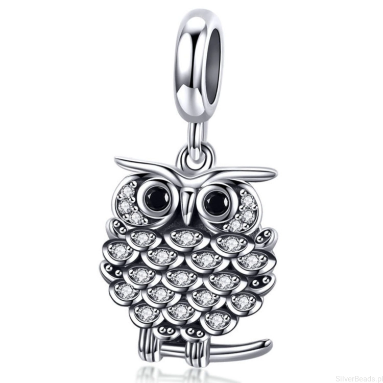 Srebrny charms sówka ozdobiona kryształami zawieszka beads srebro 925